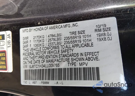 2020 Acura Rdx Standard z USA, uszkodzony, nr VIN 5J8TC1H34LL009765